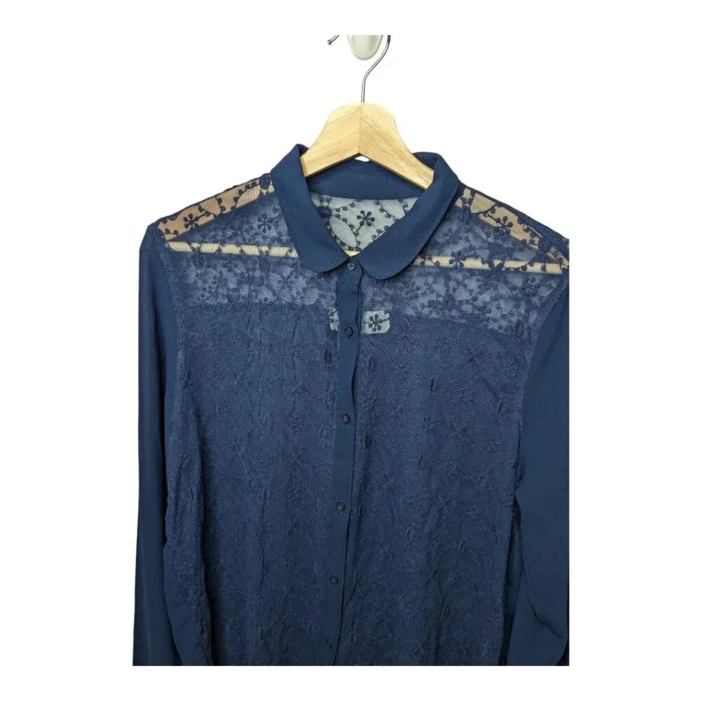 Abercrombie & Fitch Womens Navy Blue Sheer Lace Button Up Shirt Blouse Size M - Picture 4 of 15
